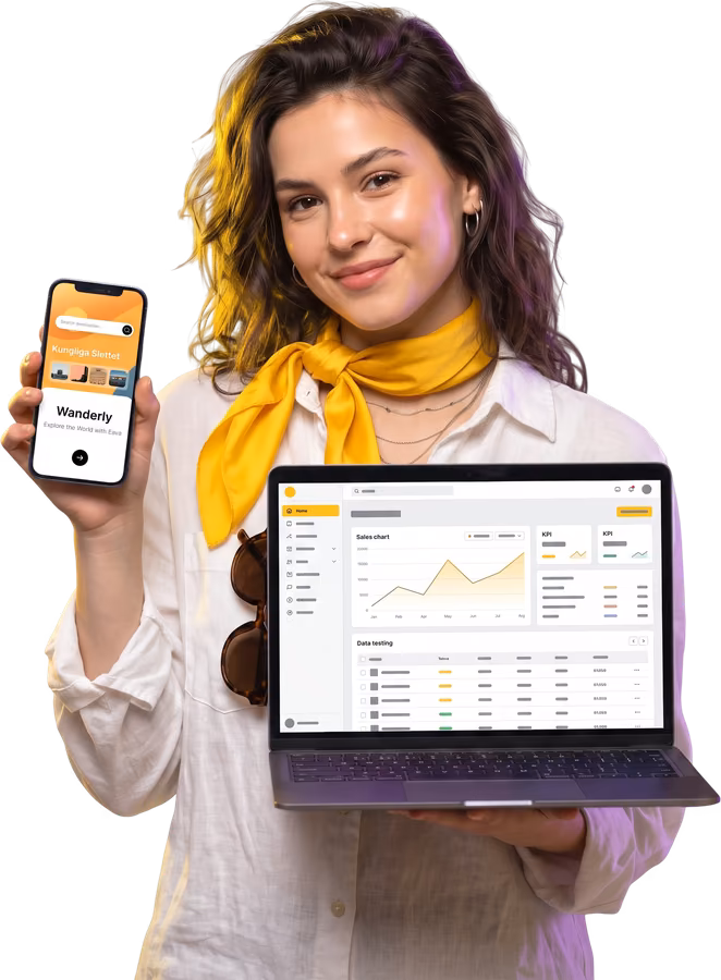 Braintisa presenter in a yellow scarf holding a laptop with a website dashboard on screen