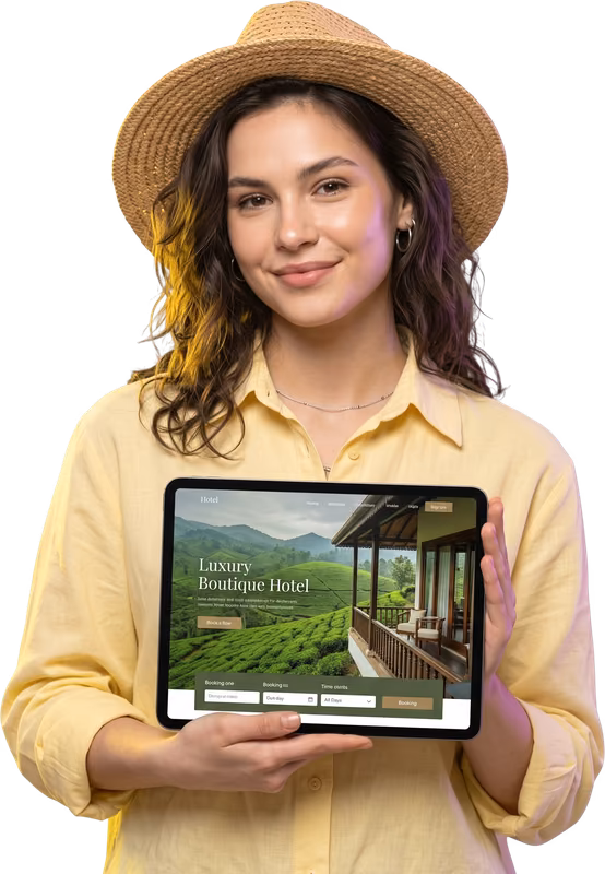 Braintisa presenter holding a tablet showing a boutique hotel website