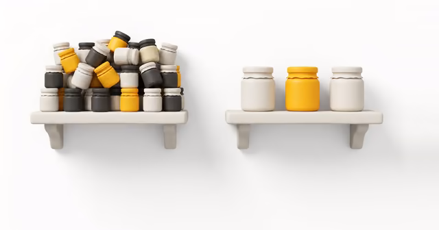 A cluttered shelf of jars beside a tidy row of three