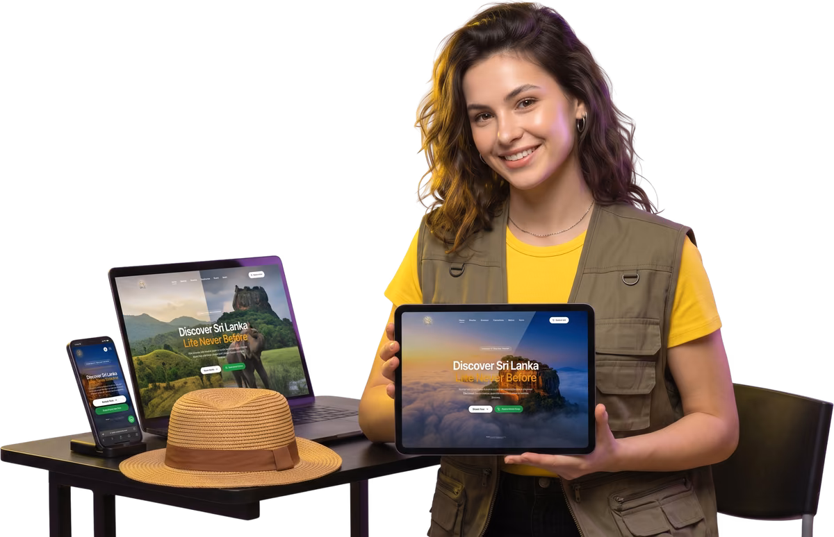 Braintisa presenter in a travel vest beside a desk, holding a tablet showing a Sri Lanka tour website